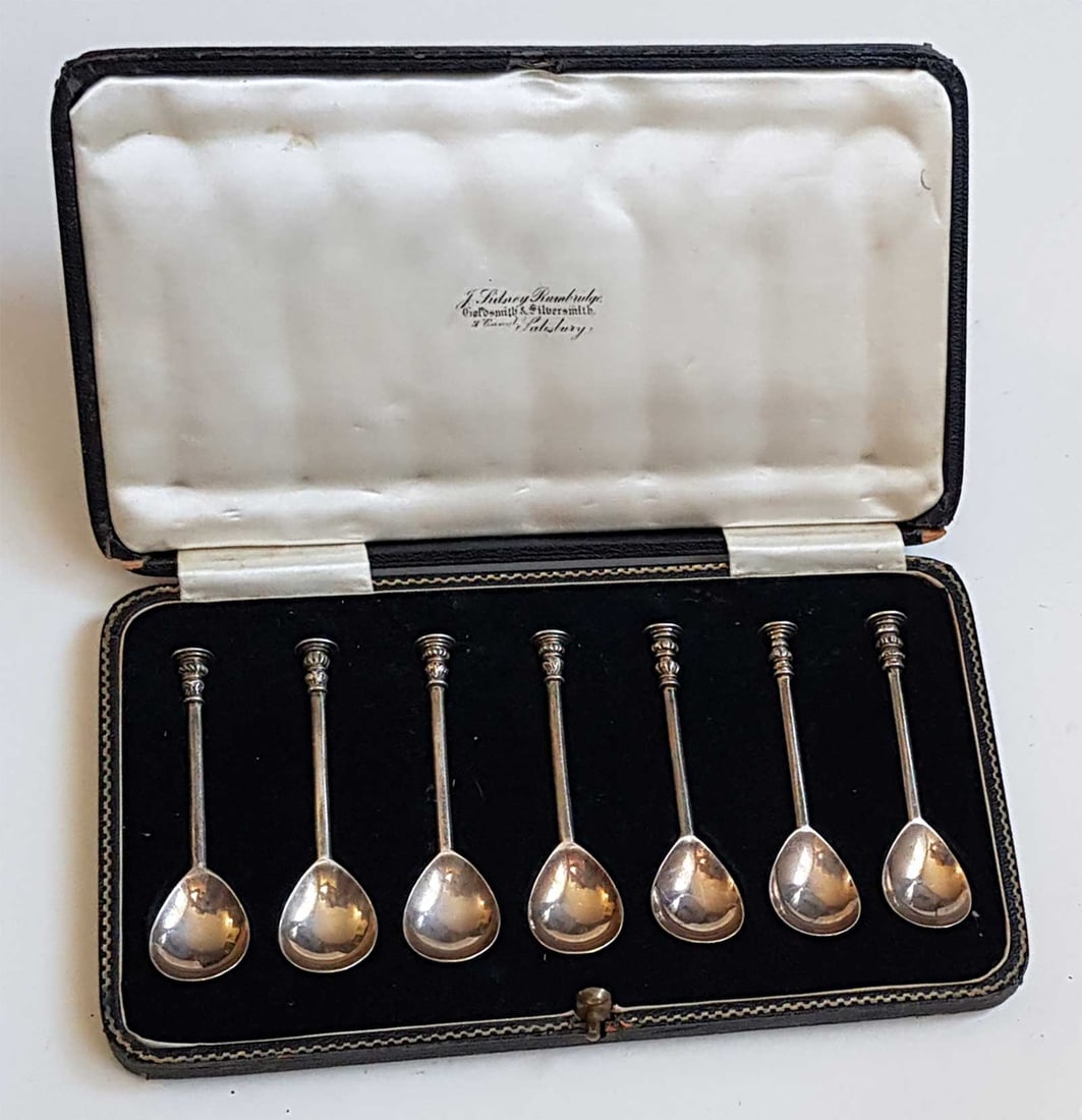 RARE ANTIQUE ENGLISH SILVER DEMITASSE SPOONS, SET OF SEVEN, BOXED: No Reserve! Limited-Time Price Reduction! RARE ANTIQUE ENGLISH SILVER DEMITASSE SPOONS, SET OF SEVEN, BOXED A rare set of seven antique English silver demitasse spoons dating to the early 20th century