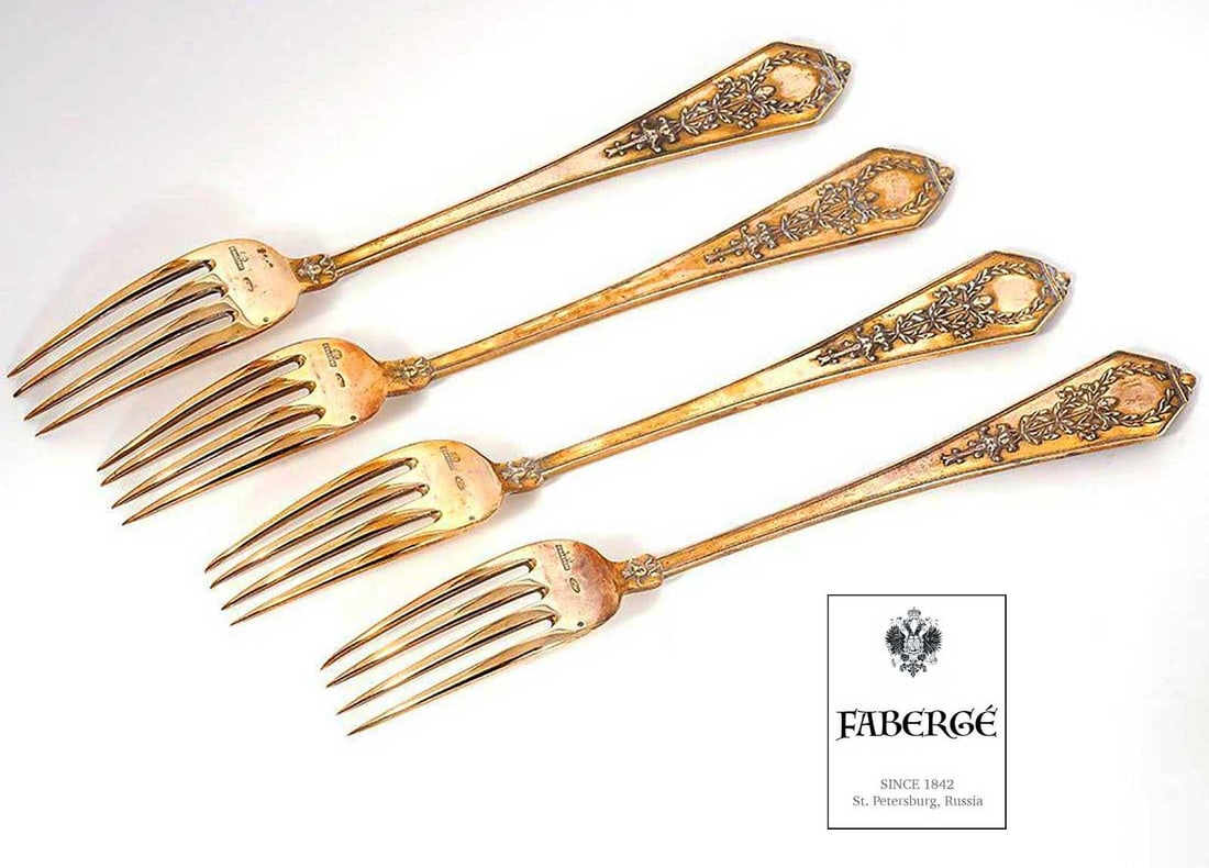 FABERGE - RUSSIAN IMPERIAL 84 SILVER GILT TABLE FORKS, SET OF FOUR (1 of 14)
