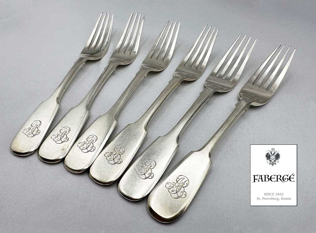 FABERGE - RUSSIAN IMPERIAL SILVER TABLE FORKS, SET OF SIX, ANTONIE VOLKOFF PROVENANCE (1 of 14)