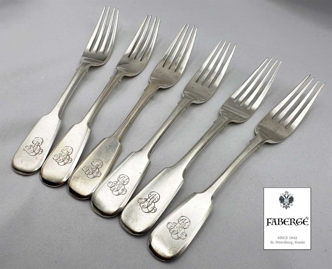 FABERGE - RUSSIAN IMPERIAL SILVER LUNCHEON FORKS, SET OF SIX, ANTONIE VOLKOFF PROVENANCE (1 of 13)