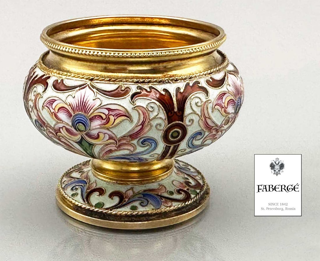 FABERGE - RUSSIAN CLOISONNE ENAMELED GILT SILVER SALT CELLAR BY FEODOR RUCKERT (1 of 15)