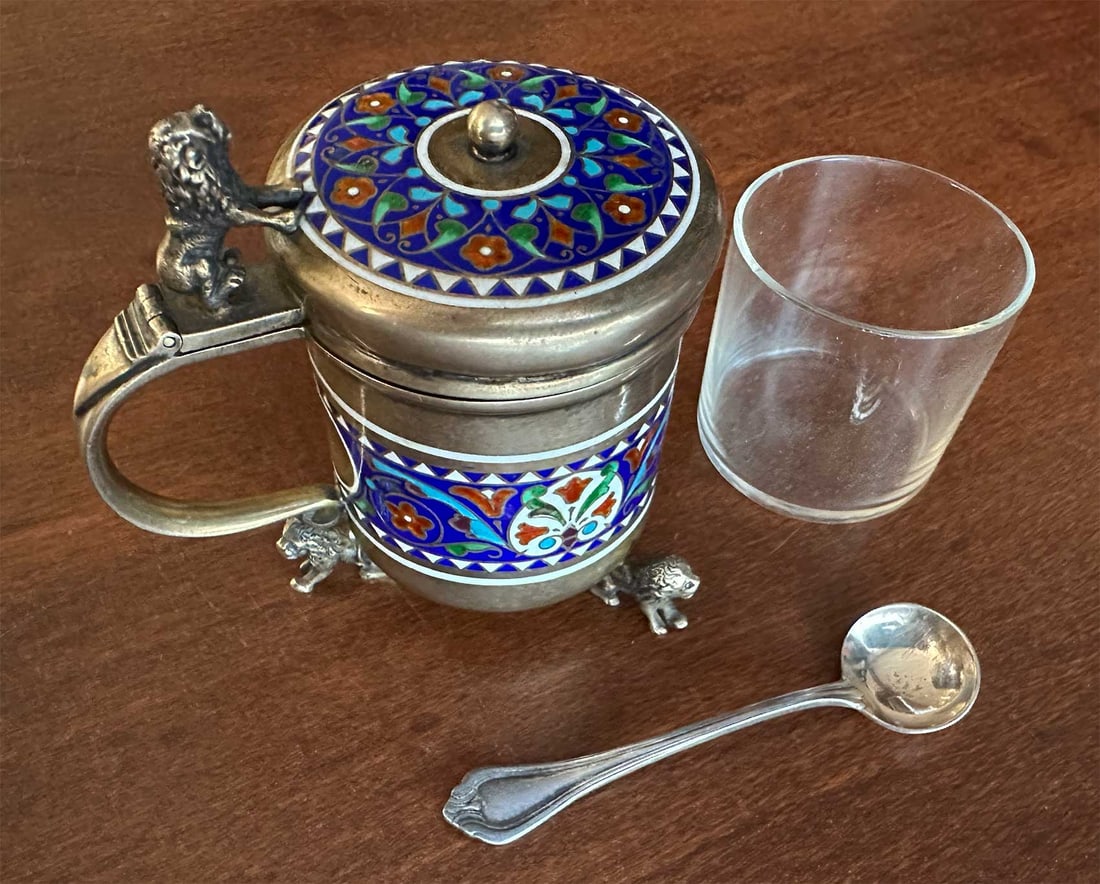 FABERGE - RUSSIAN CLOISONNE ENAMELED GILT SILVER MUSTARD POT WITH SPOON (1 of 16)