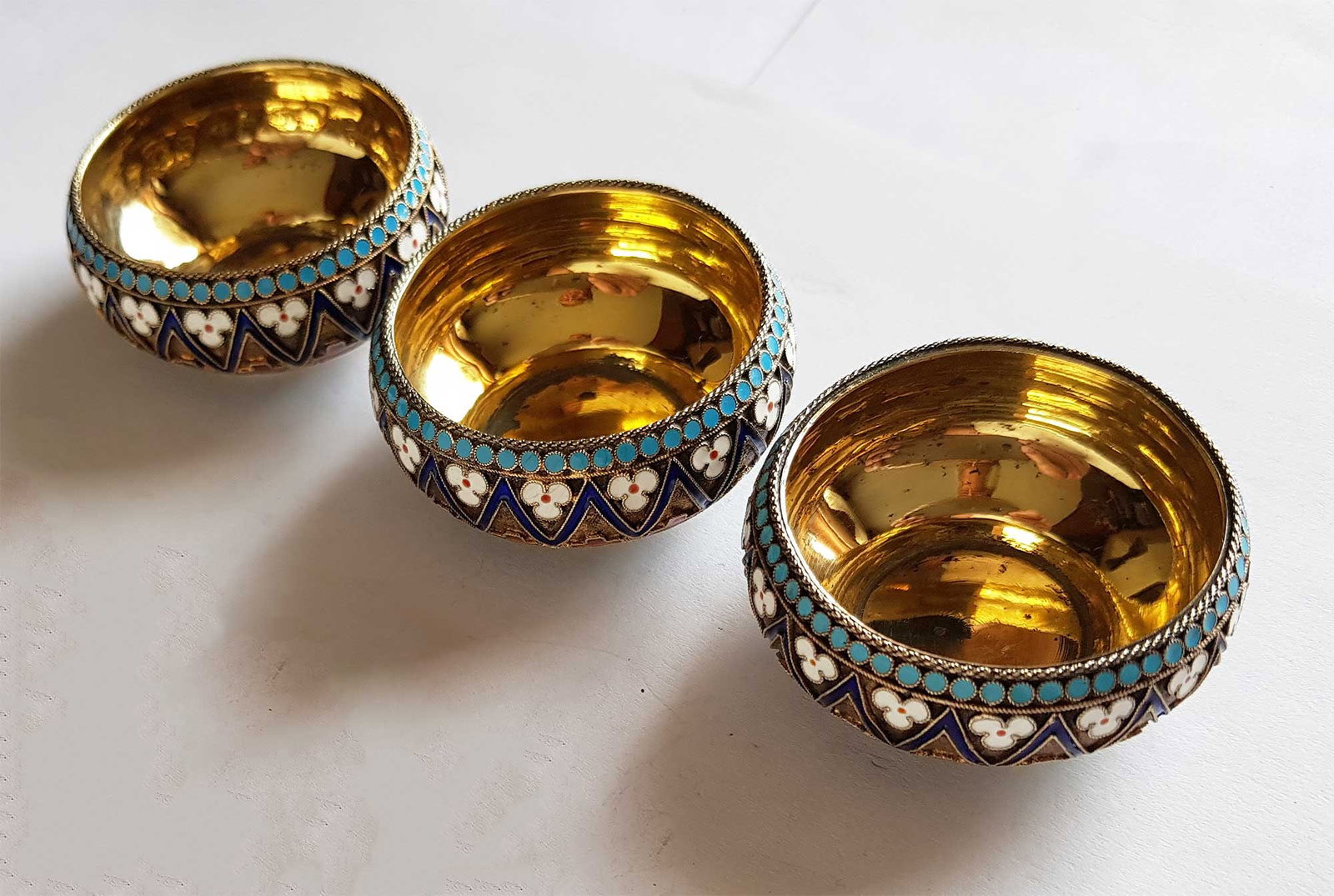 PAVEL OVCHINNIKOV - RARE SET OF THREE RUSSIAN SILVER-GILT & CLOISONNE ENAMEL SALTS (1 of 14)