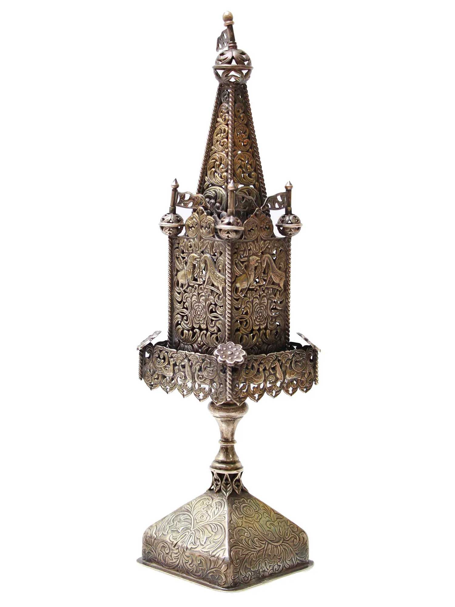 LARGE FILIGREE SILVER JUDAICA BESAMIM SPICE TOWER, 1787 (1 of 13)
