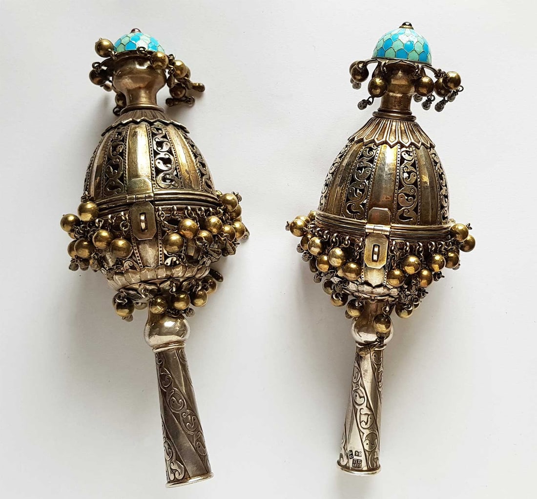JEWISH SILVER & ENAMELED TORAH FINIALS WITH BESAMIM, PAIR, JUDAICA, 1865 (1 of 18)