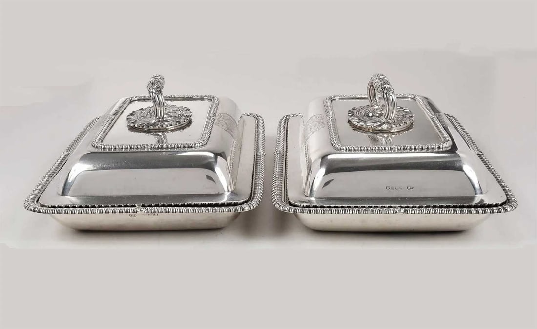 PAUL STORR – EXTREMELY RARE PAIR OF GEORGE III ENGLISH SILVER ENTRÉE DISHES, LONDON, 1815: No Reserve! Limited-Time Price Reduction! PAUL STORR – EXTREMELY RARE PAIR OF GEORGE III ENGLISH SILVER ENTRÉE DISHES, LONDON, 1815 Presented is an extremely rare pair of George III English silver 