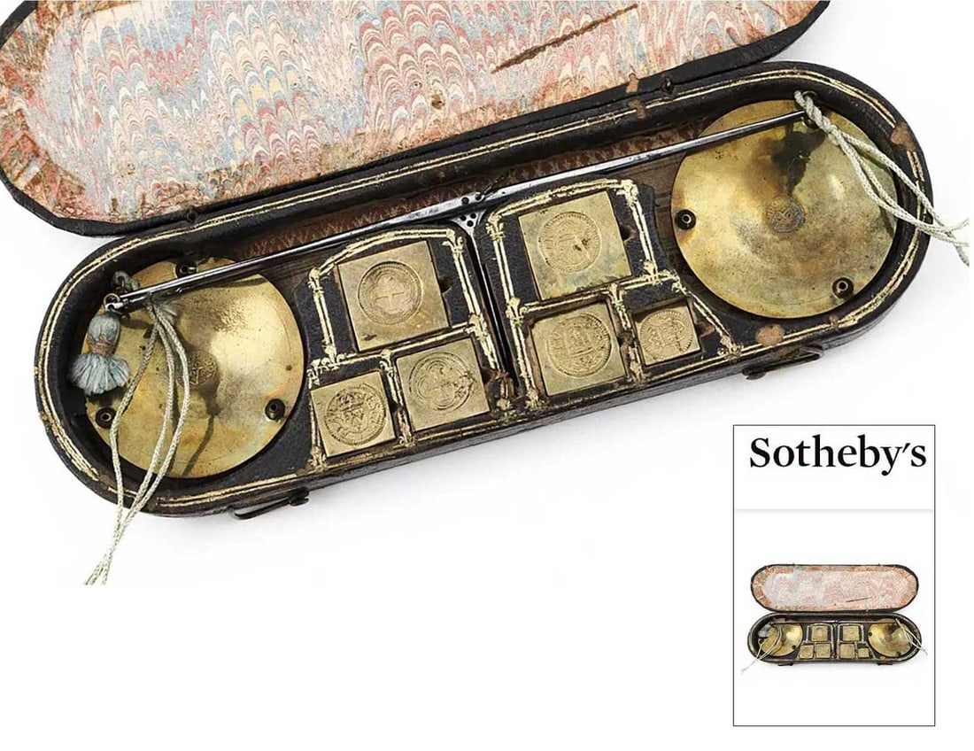 EXTREMELY RARE ANTIQUE FRENCH BRASS COIN SCALE IN ORIGINAL BOX, 1680, FROM SOTHEBY'S (1 of 20)