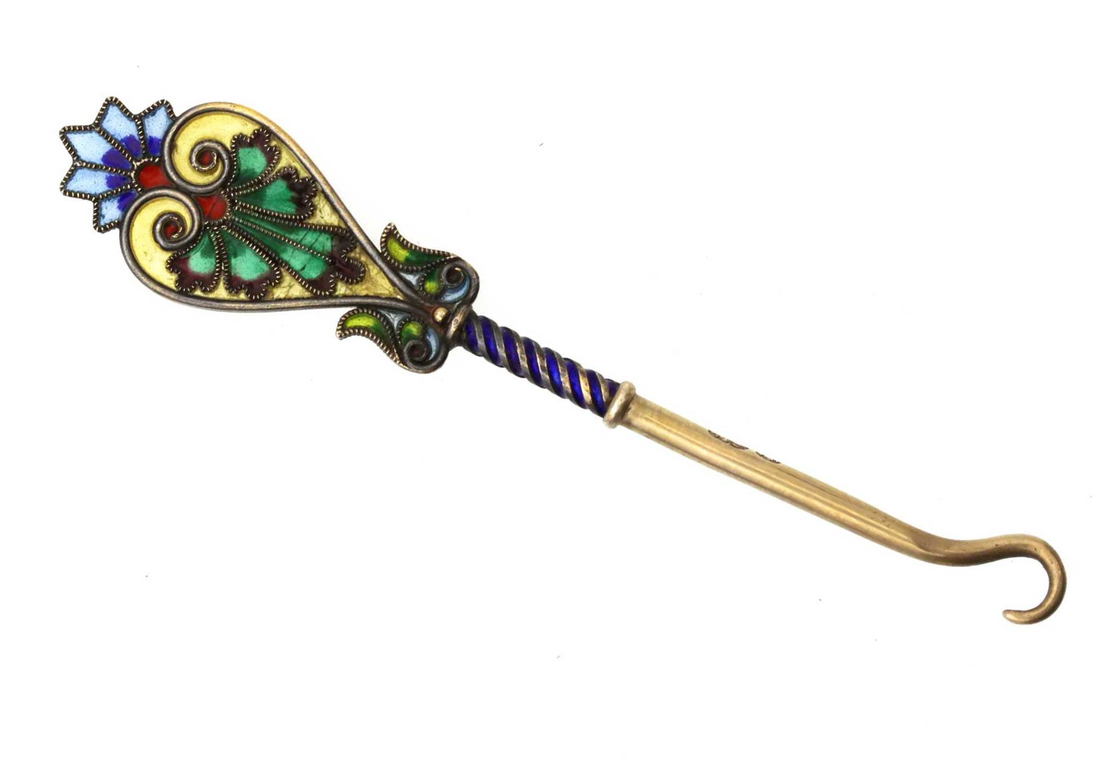 PAVEL OVCHINNIKOV IMPERIAL RUSSIAN SILVER PLIQUE-À-JOUR ENAMEL BUTTONHOOK, 1908-1915 (1 of 19)