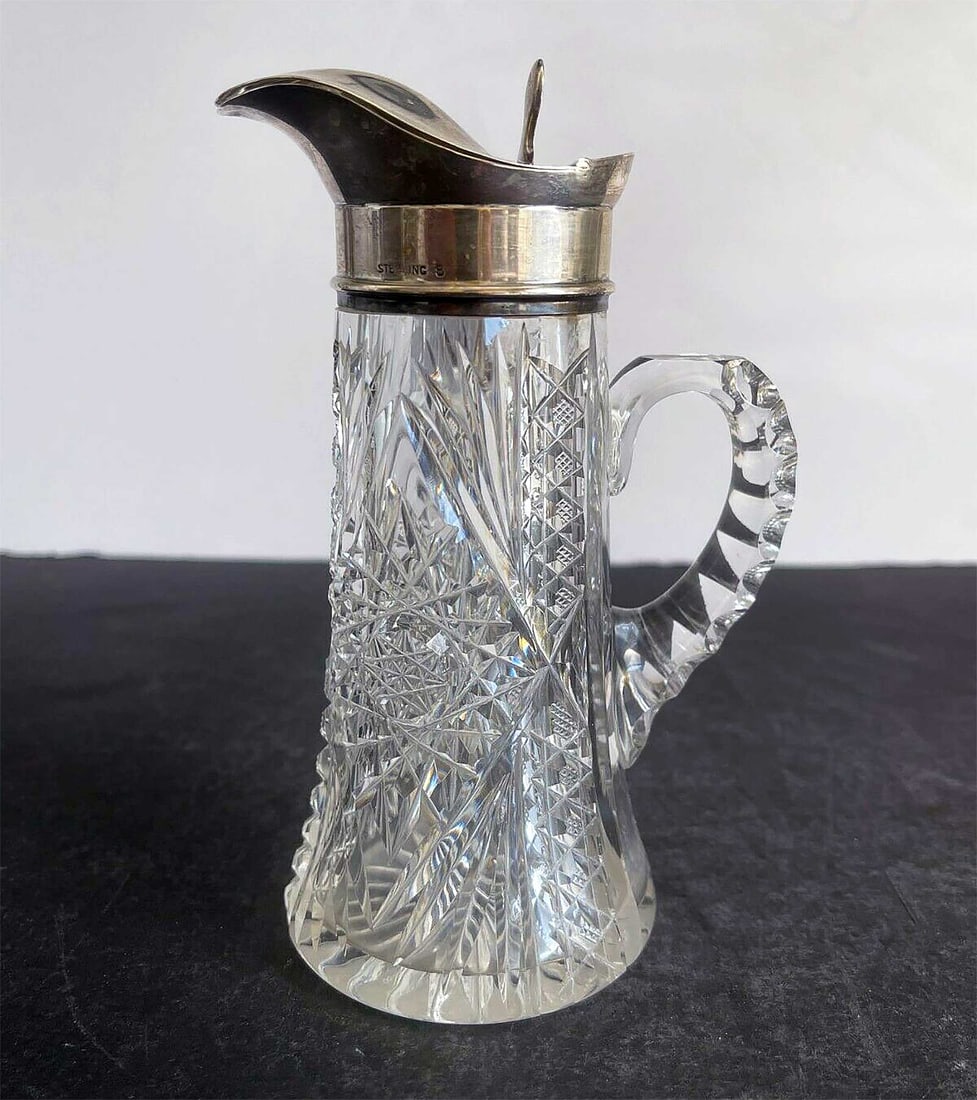 ANTIQUE AMERICAN STERLING SILVER MOUNTED CUT GLASS PITCHER DECANTER, BRILLIANT PERIOD, 1890S: No Reserve! Limited-Time Price Reduction! ANTIQUE AMERICAN STERLING SILVER MOUNTED CUT GLASS PITCHER DECANTER, BRILLIANT PERIOD, 1890S Presented is a superb antique American sterling silver mounted cu