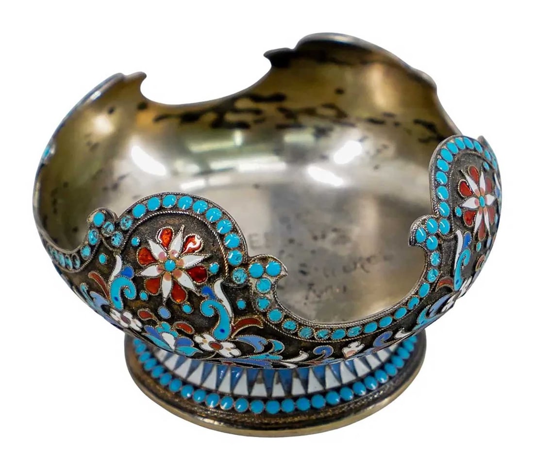 RARE ANTIQUE RUSSIAN IMPERIAL SILVER CHAMPLEVÉ ENAMEL SUGAR BOWL, DATED 1899 (1 of 11)