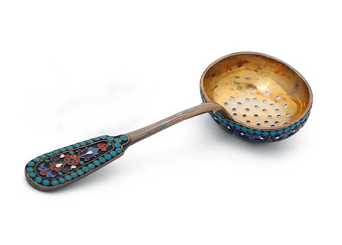 GUSTAV KLINGERT ANTIQUE RUSSIAN IMPERIAL SILVER & ENAMEL TEA STRAINER, 1895 (1 of 7)