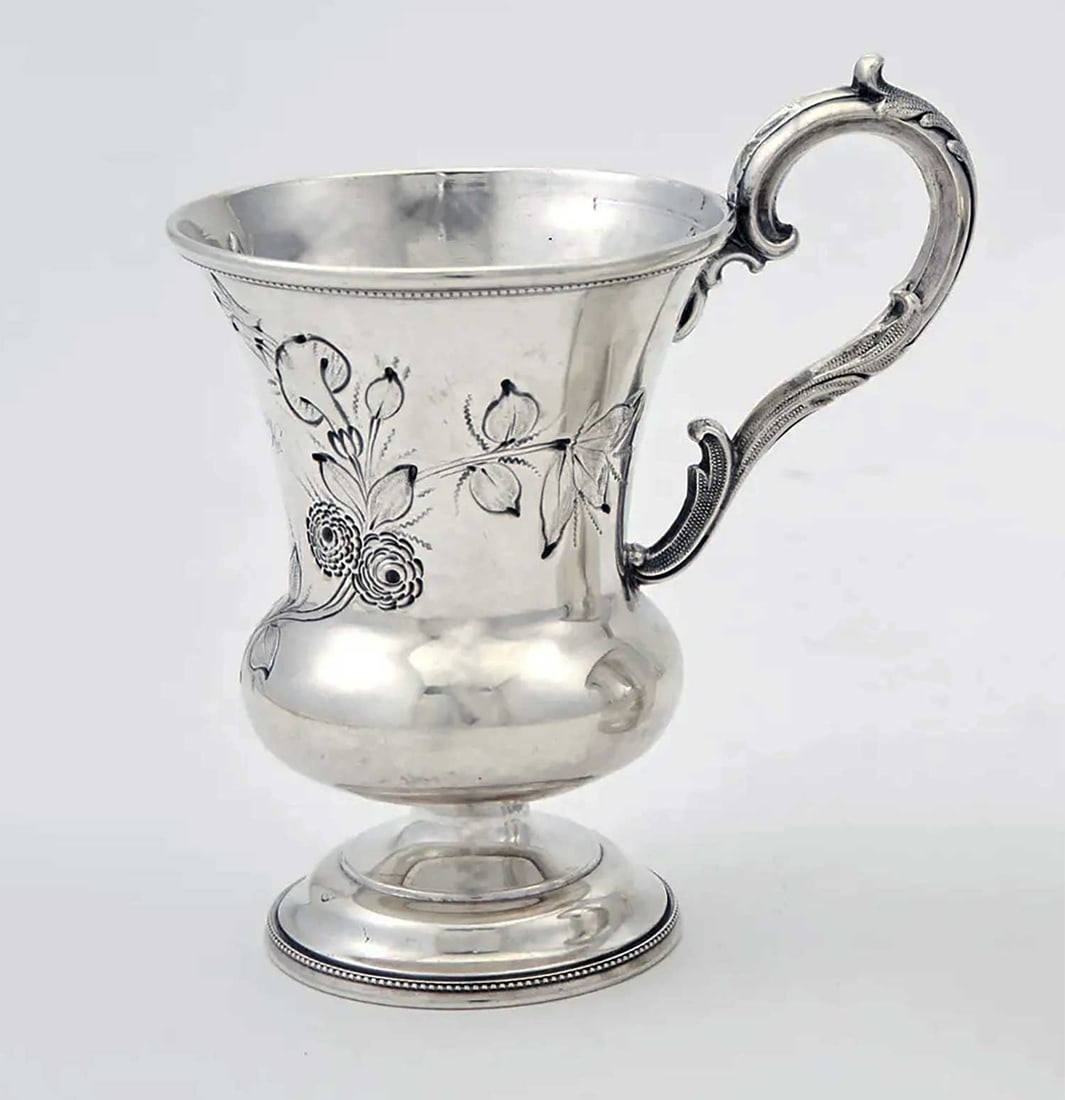 RARE ANTIQUE AMERICAN STERLING SILVER THISTLE-FORM MUG, 1850S - FLORAL CHASED DESIGN (1 of 20)