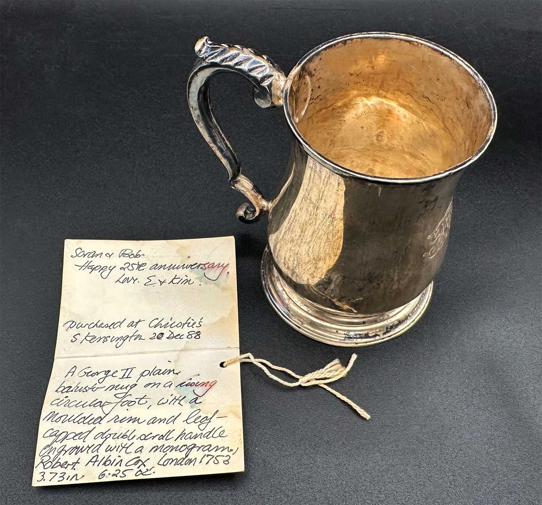 RARE ANTIQUE ENGLISH GEORGE II STERLING SILVER MUG, 1753: No Reserve! Limited-Time Price Reduction! RARE ANTIQUE ENGLISH GEORGE II STERLING SILVER MUG, 1753 Presented is a rare antique English sterling silver mug dating to 1753 during the reign of King Georg