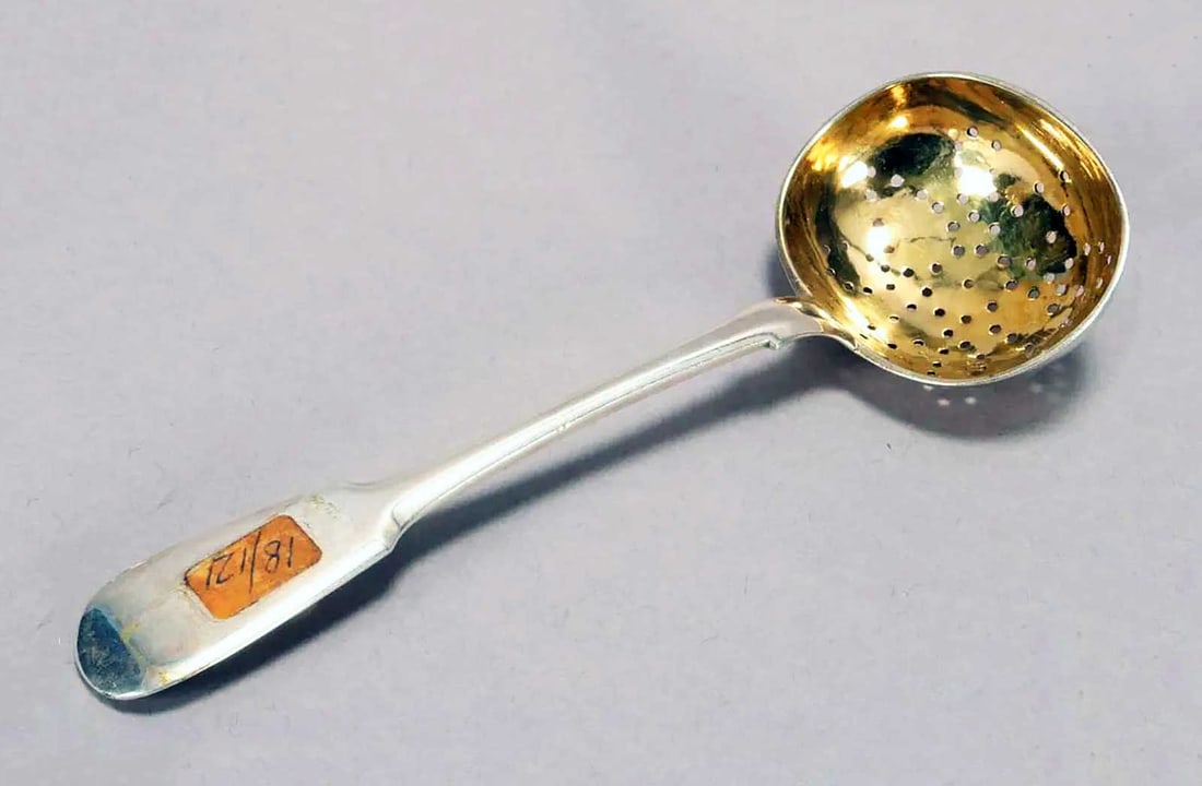 RARE ANTIQUE RUSSIAN SILVER GILT SIFTER SPOON, 1890: No Reserve! Limited-Time Price Reduction! RARE ANTIQUE RUSSIAN SILVER GILT SIFTER SPOON, 1890 Presented is a rare antique Russian silver sifter spoon dating to 1890. Beautifully crafted with a richly 