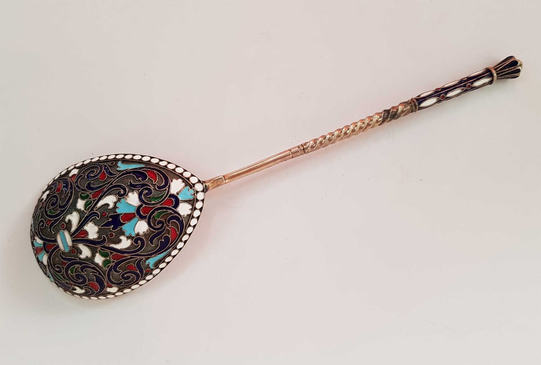 RARE ANTIQUE RUSSIAN IMPERIAL SILVER GILT & CLOISONNE ENAMEL LARGE SERVING SPOON (1 of 17)