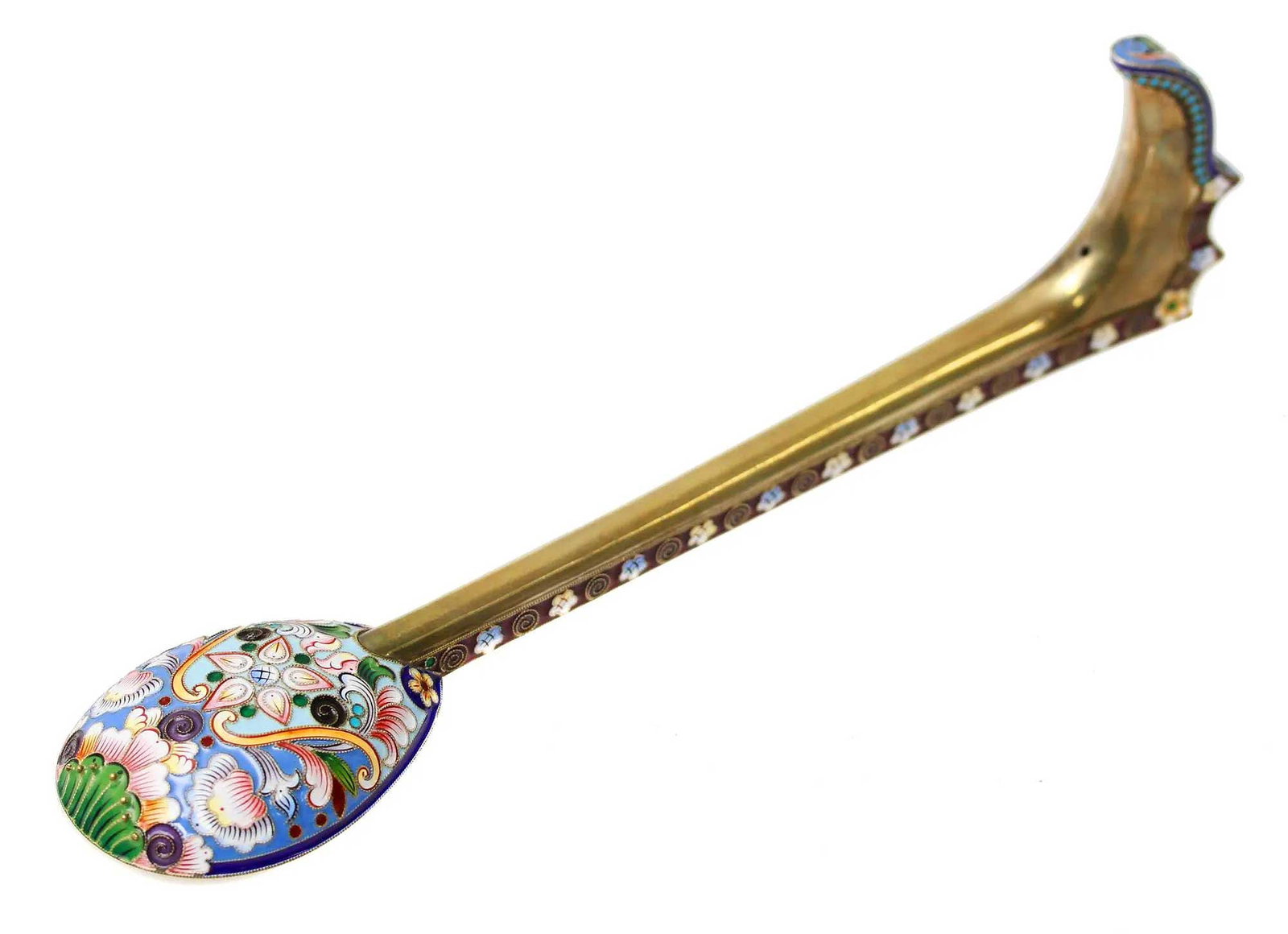 RARE RUSSIAN SILVER GILT & CLOISONNE ENAMEL LARGE SERVING SPOON WITH UNIQUE FLORAL HANDLE (1 of 15)