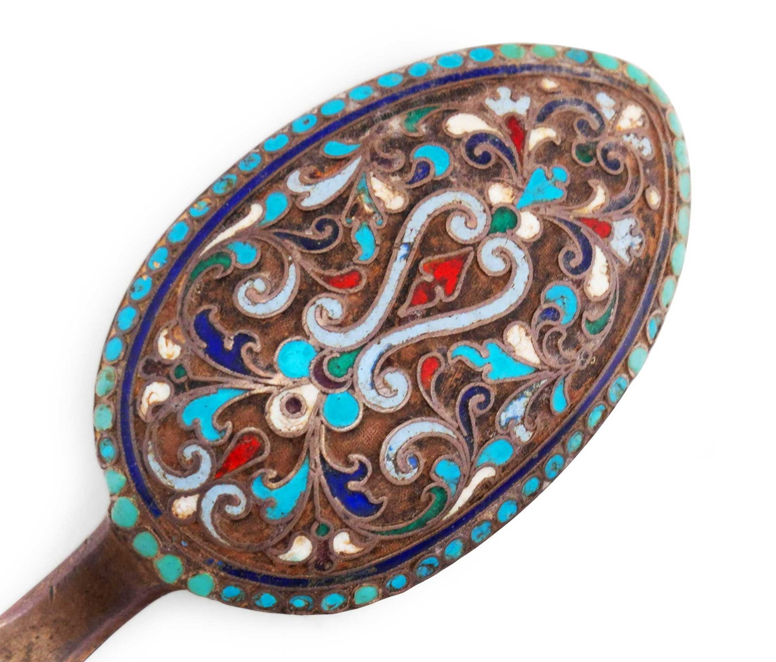 VERY RARE ANTIQUE RUSSIAN IMPERIAL SILVER GILT & CLOISONNE ENAMEL CHILDREN'S SPOON, ST. PETERSBURG: No Reserve! Limited-Time Price Reduction! VERY RARE ANTIQUE RUSSIAN IMPERIAL SILVER GILT & CLOISONNE ENAMEL CHILDREN'S SPOON, ST. PETERSBURG Presented is a very rare antique Russian Imperial silver gi