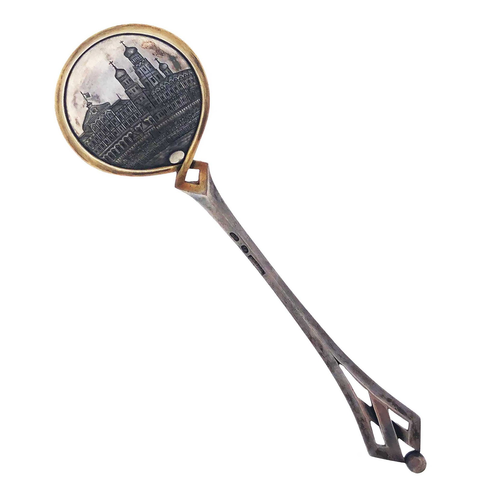 RARE ANTIQUE RUSSIAN SILVER CAVIAR SPOON WITH NIello KREMLIN DESIGN, MARKED (1 of 20)