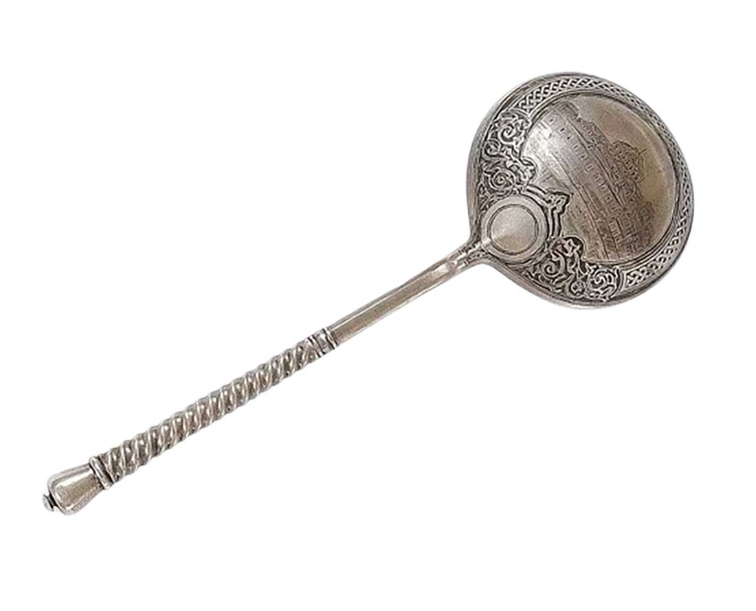 RARE LARGE RUSSIAN SILVER GILT & NIELLO SPOON WITH CITYSCAPE VIGNETTE, 1871 (1 of 7)