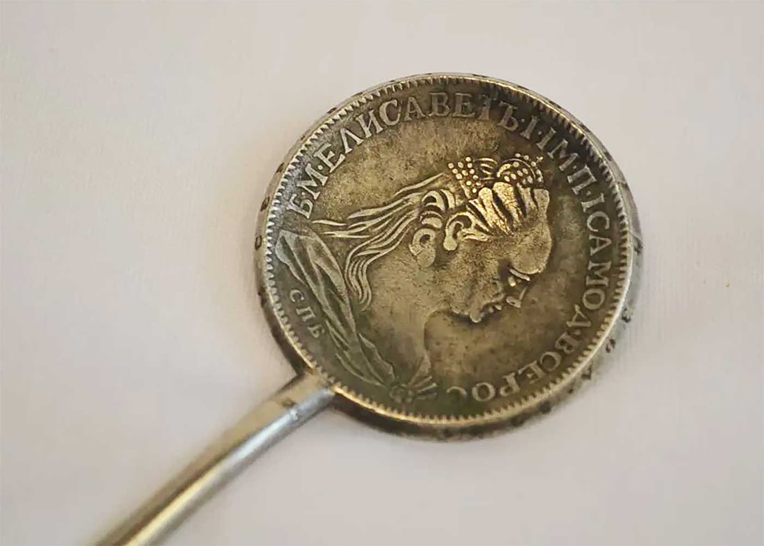 RARE ANTIQUE RUSSIAN SILVER COIN SPOON WITH ELIZABETH RUBLE, 1868: No Reserve! Limited-Time Price Reduction! RARE ANTIQUE RUSSIAN SILVER COIN SPOON WITH ELIZABETH RUBLE, 1868 Exceptional Antique Russian Silver Coin Spoon, crafted in 1868 and featuring an original rar