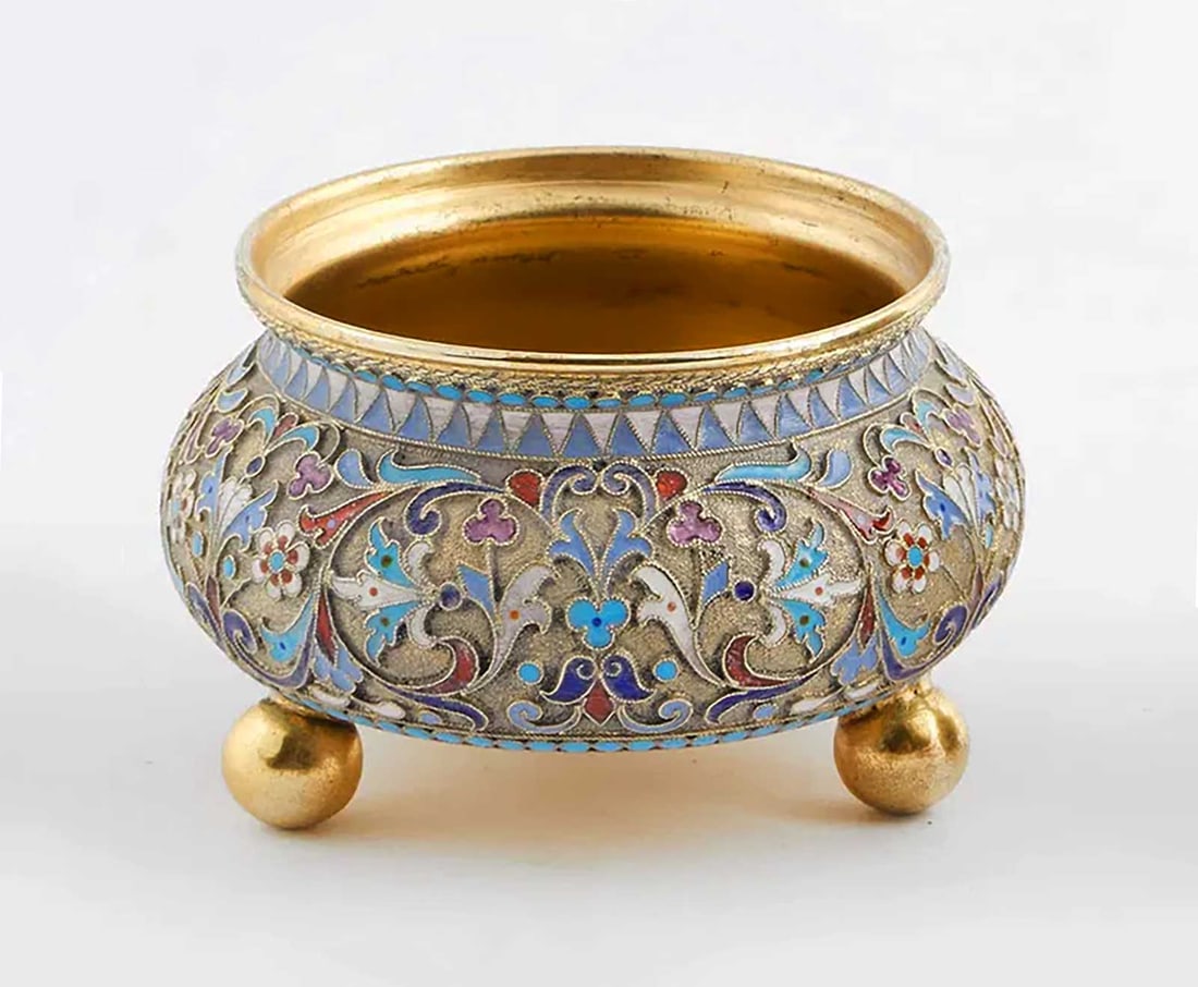 RARE ANTIQUE RUSSIAN SILVER ENAMEL SALT CELLAR, ST. PETERSBURG, 1895 (1 of 8)