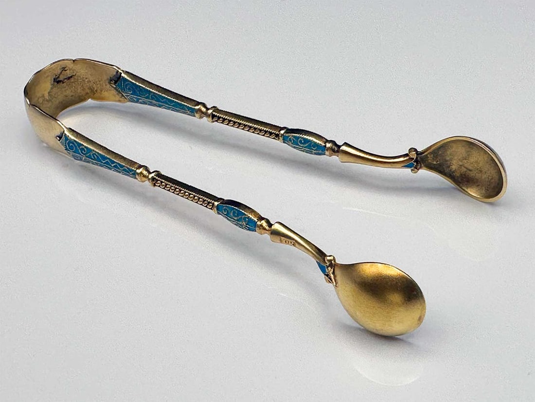 RARE ANTIQUE RUSSIAN IMPERIAL SILVER GILT ENAMEL SUGAR TONGS (NIPS) (1 of 14)