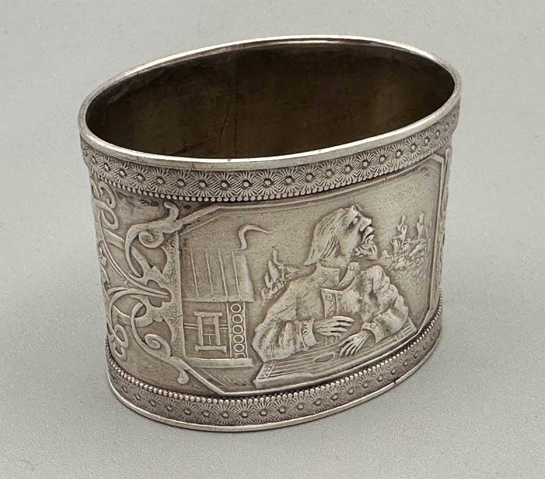 RARE ANTIQUE RUSSIAN SILVER NAPKIN RING WITH OLD RUSSIAN FAIRY TALE MUSICIAN FIGURE: No Reserve! Limited-Time Price Reduction! RARE ANTIQUE RUSSIAN SILVER NAPKIN RING WITH OLD RUSSIAN FAIRY TALE MUSICIAN FIGURE Exceptional Antique Russian Silver Napkin Ring featuring a finely crafted 