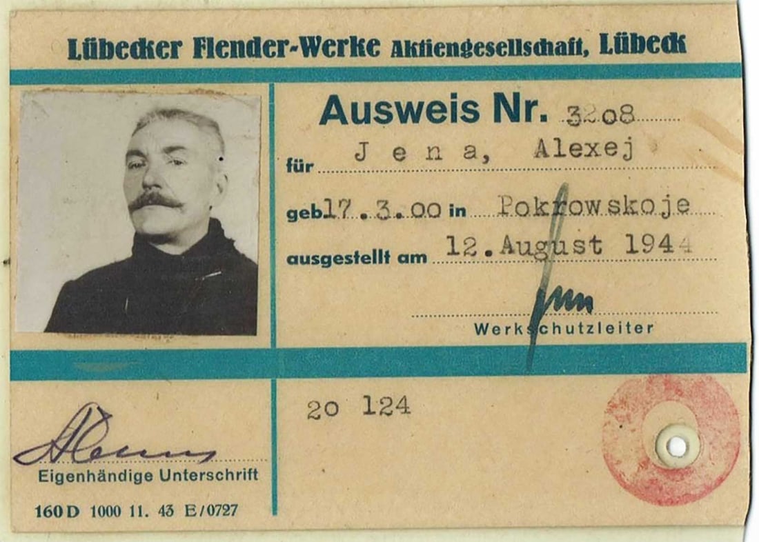 RARE GERMAN WWII LAGER AUSWEIS ID CARD UKRAINIAN OST FORCED LABOR WORKER LUBECKER FLENDER-WERKE 1944: No Reserve! Limited-Time Price Reduction! RARE GERMAN WWII LAGER AUSWEIS ID CARD UKRAINIAN OST FORCED LABOR WORKER LUBECKER FLENDER-WERKE 1944 Presented is a rare German WWII Lager Ausweis identificat