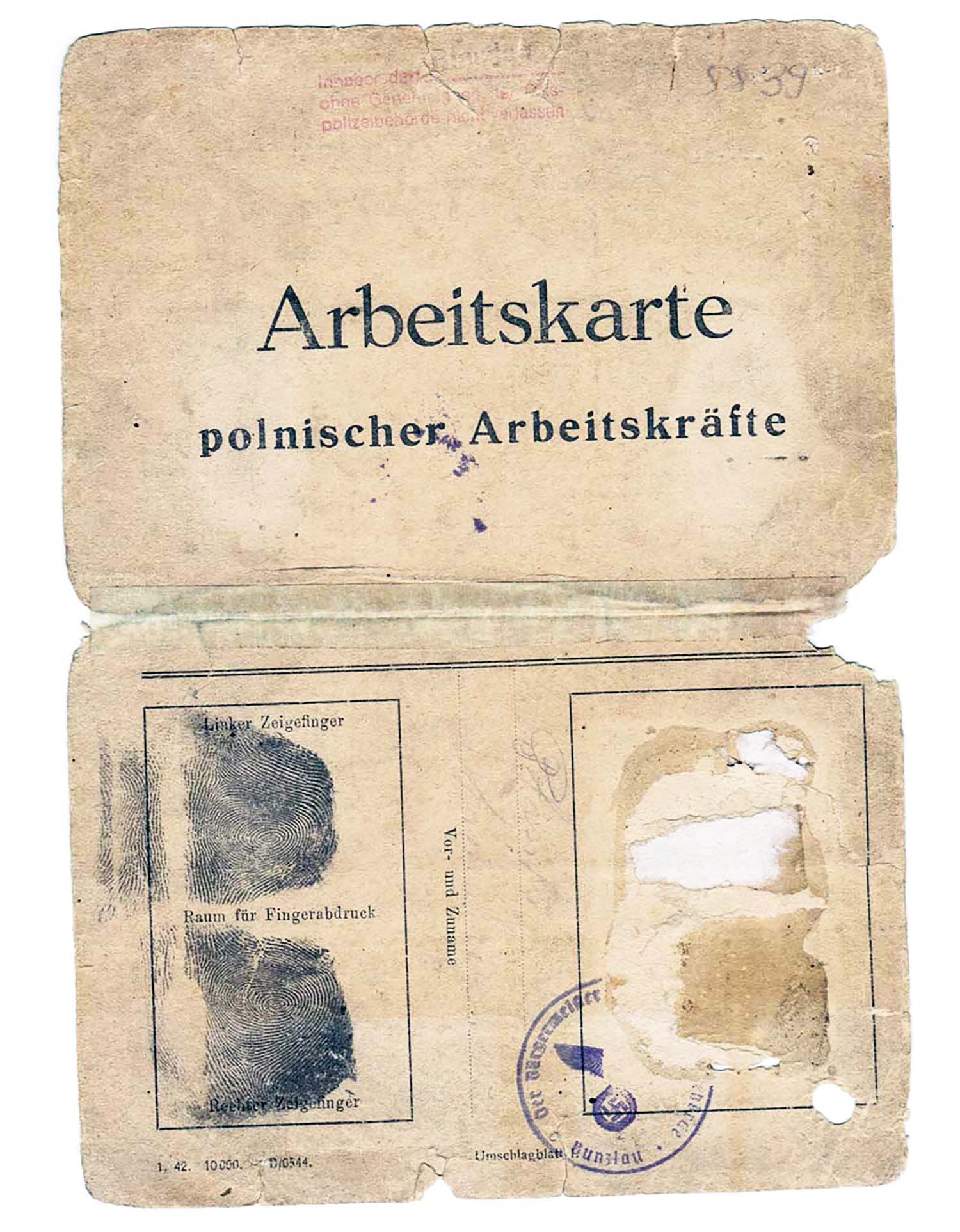 EXTREMELY RARE GERMAN WWII 1942 ARBEITSKARTE ID FOR POLISH WORKER FROM GRODNO OCCUPATION DOCUMENT: No Reserve! Limited-Time Price Reduction! EXTREMELY RARE GERMAN WWII 1942 ARBEITSKARTE ID FOR POLISH WORKER FROM GRODNO OCCUPATION DOCUMENT Presented is an extremely rare German WWII Arbeitskarte iden