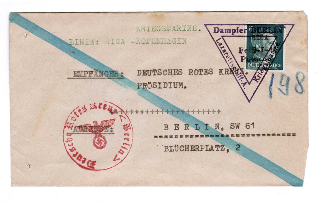 RARE KRIEGSMARINE FELDPOST LAZARETTSCHIFT BERLIN ARCHIVE DOCUMENT RIGA COPENHAGEN WWII (1 of 5)