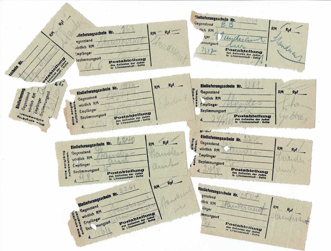 RARE GERMAN WWII LITZMANNSTADT GHETTO PARCEL RECEIPT ARCHIVE DOCUMENT HOLOCAUST ARTIFACT: No Reserve! Limited-Time Price Reduction! RARE GERMAN WWII LITZMANNSTADT GHETTO PARCEL RECEIPT ARCHIVE DOCUMENT HOLOCAUST ARTIFACT Presented is a rare German WWII Litzmannstadt (?ód?) Ghetto parcel r
