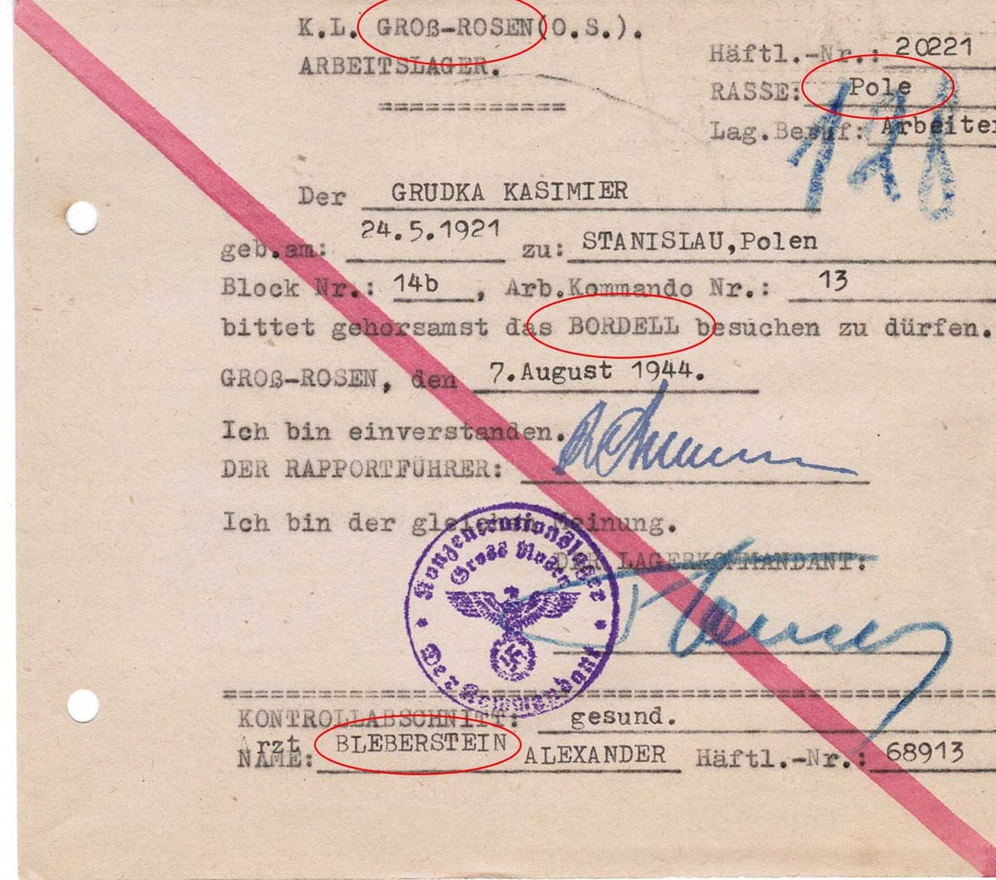 EXTREMELY RARE GERMAN WWII GROSS-ROSEN CONCENTRATION CAMP BROTHEL VISIT PERMIT 1944 ARCHIVE DOCUMENT (1 of 9)