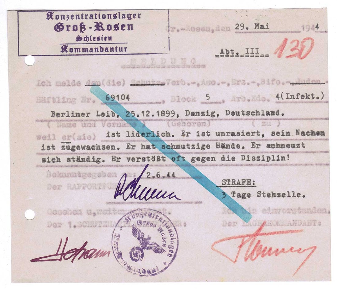 EXTREMELY RARE GERMAN WWII 1944 GROSS-ROSEN CONCENTRATION CAMP JEWISH PRISONER PUNISHMENT RECORD (1 of 10)