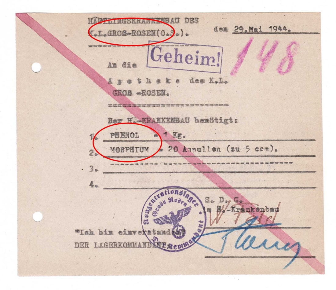 EXTREMELY RARE GERMAN WWII 1944 GROSS-ROSEN CONCENTRATION CAMP TOP SECRET MEDICAL PRESCRIPTION (1 of 10)