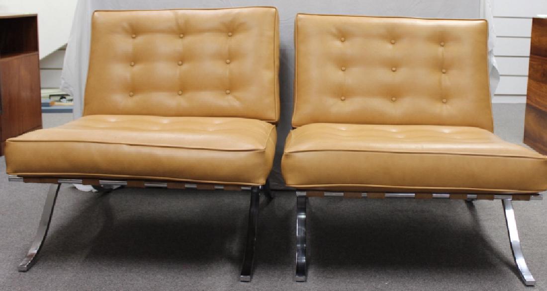 Selig Mid-Century Chairs, Beige: Pair of Barcelona style mid-century vinyl chairs with chrome legs. Very good condition. By Selig, stamped made in Italy. 29.5H x 29W x 33.25D.
