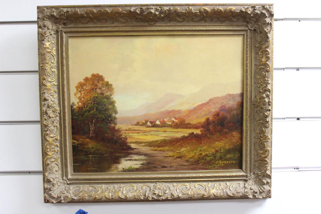 Landscape, Oil on canvas - A. Spencer: Oil On Canvas "The Distant Village" Framed 26.5H x 22.5W Painting only 20H x 16W