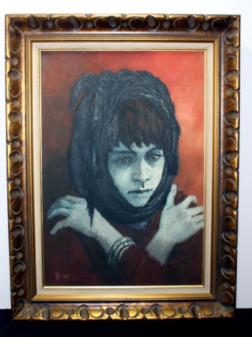 William Weintraub, " Young Girl ": Oil on Canvas , Signed and dated 1964 lower left, Willam Weintraub, Israeli , Approx. 26" H x 18" W unframed, 33" H x 25" W Framed