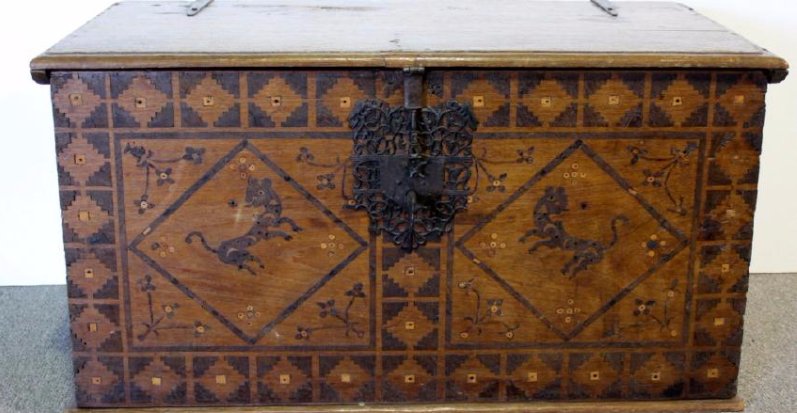 Continental Inlaid Chest w Wrought Iron Lock Set: Continental Inlaid Chest with Wrought Iron Lock SetInlaid floral,animal designs. 21H x 39H x 20DPossibly 16th-17th Wrought Iron Lock Set Chest 18th-19th Century Looks like the lock set and chest are n