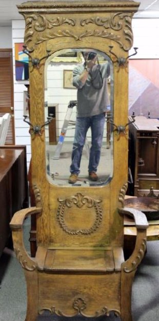 Antique Oak Hall Tree w/Mirror Rack Seat Bench: 81H x 31W x 16D in. Original finish and hooks. Condition: very good