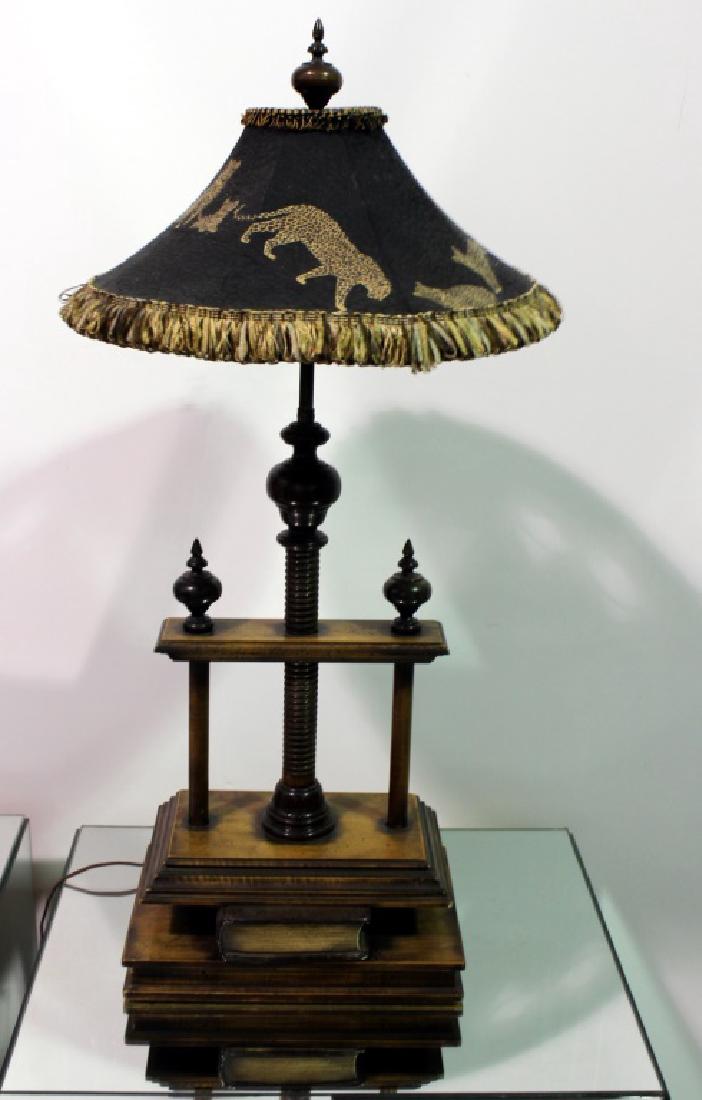 Frederick Cooper Walnut Book Press Lamp: Frederick Cooper Walnut Book Press Lamp with Vintage Fabric Jaguar Shade. 34H x 12W x 8.50D in. Very good condition
