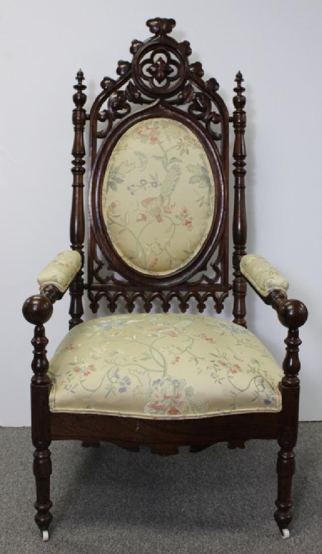 Jacobean Throne Chair 20th C.: Dark oak. Cracked on top left side. On casters Approx: 54H x 24W x 24D Very good condition