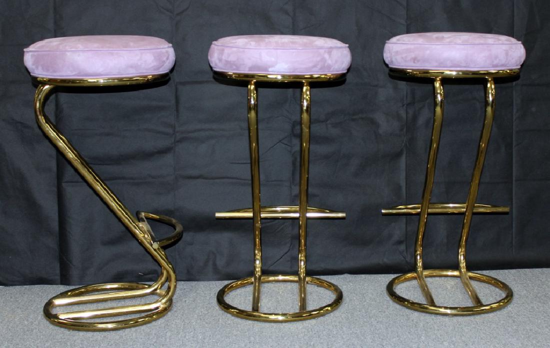 3 Mid-C. Style Modern Brass & Fabric Bar Stools: 1970-1980s 30H x 16W in. Very good condition