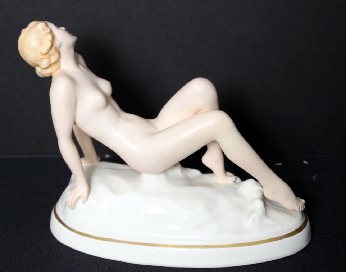 Royal Dux Figurine Lady Nude: by Elly Strobach König - Art Deco. 6.50H x 8W in. Very good condtion. No cracks or chips