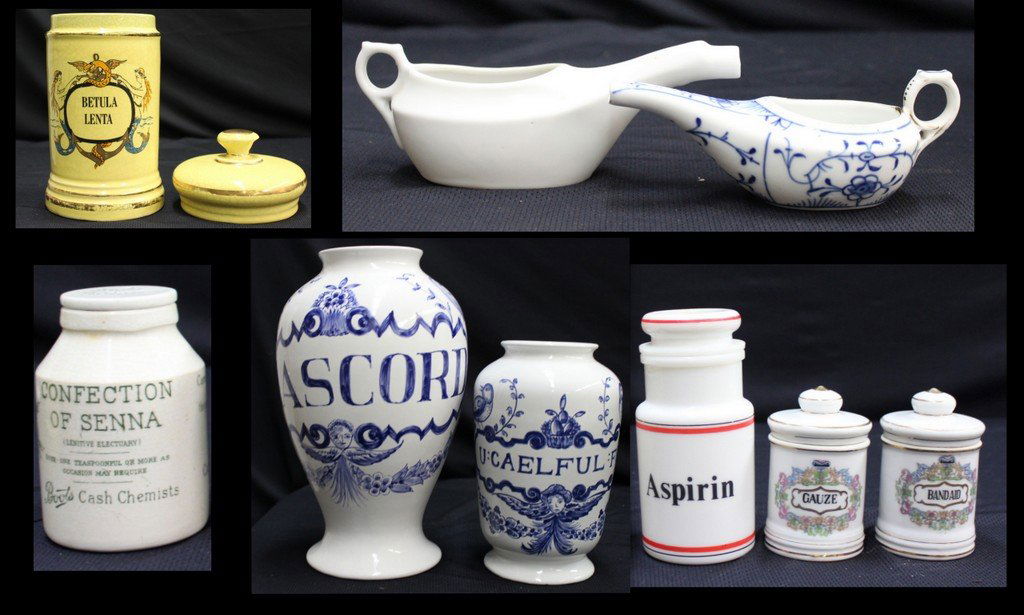Grouping of Porcelain Medical Jars: Some with lids. Aspirin, Boots Chemist, Diasordium, Diasoordium, (2) invalid feeders, Betula Lenta, Gauze and Band Aid jars. 4"-10.5" tall