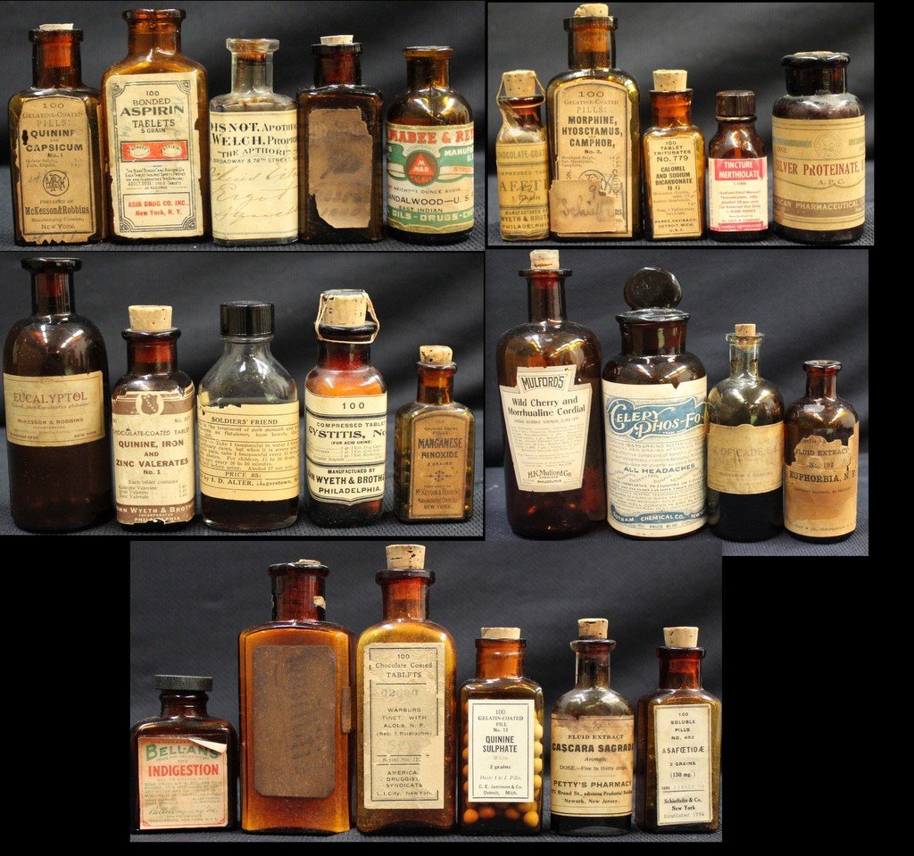 Lot of 25 Amber Medicine Bottles Morphine