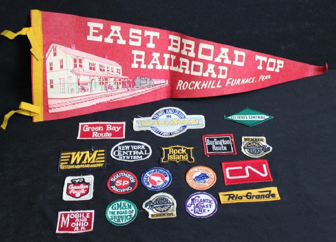 18 Vintage Railroad Patches & Pennant: 18 assorted vintage railroad patches. All in good, clean condition. Also incl. is a Eastern Broad Top Pennant, some creases.