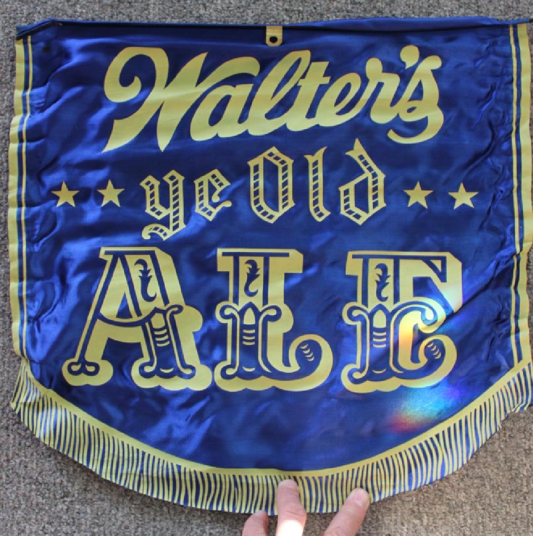 Walter's Ye Old Ale Banner: Blue Walter's Ye Old ALE banner. Good condition. Has a small surface rust spot on far left before the "W" and some yellow paint smudging from sign above the "a" in "Walter's." Hangs form blue metal to