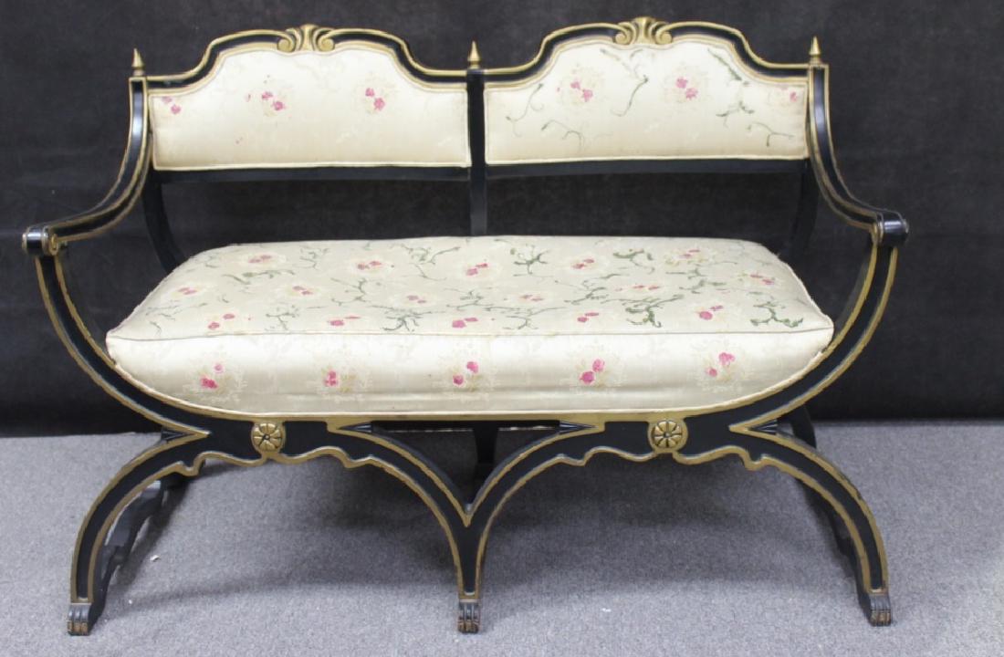 French Style Loveseat: Black Wood frame, painted with fabric seat and back. 32.5H x 46.5W x 21 D in. Illustrated in Brooklyn Interiors by Kathleen Hackett (not included).