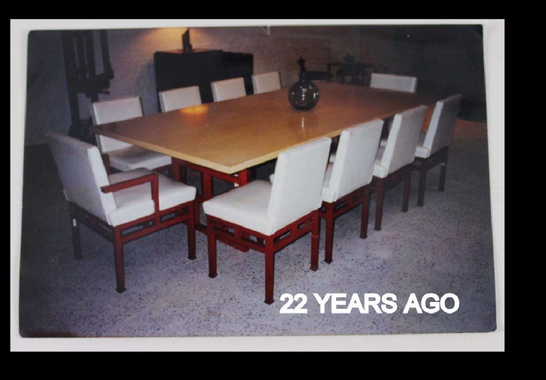 Dining Room Table & 12 Chairs (2 Arm Chairs): Lead image is from 22 Years ago when the table was made. 29H x 100W x 50D. Wear consistent with age and use. 10 side chairs and 2 arm/end chairs.