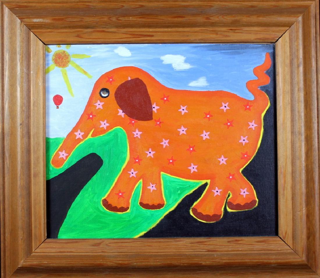 Rodger Pedrick Mouth Artist (b.1956) Elephant: Titled: Elephant, acrylic on board, 10h x 12w in., framed 14.5h x 16.5w. The Balloon is Roger Signature.